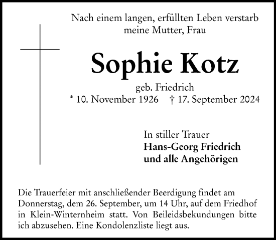 Traueranzeige von Sophie Kotz von Allgemeine Zeitung Mainz