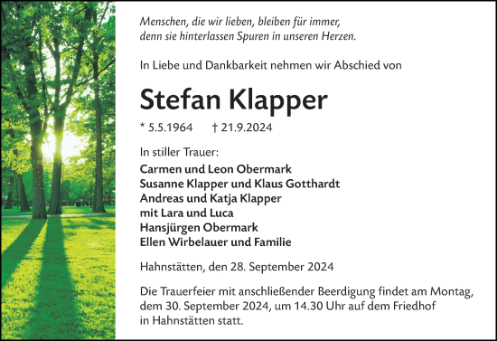 Traueranzeige von Stefan Klapper von Weilburger Tageblatt