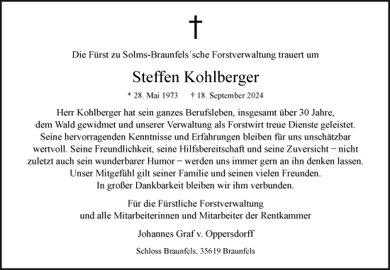 Traueranzeige von Steffen Kohlberger von Wetzlarer Neue Zeitung