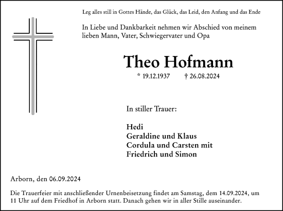Traueranzeige von Theo Hofmann von Dill Block