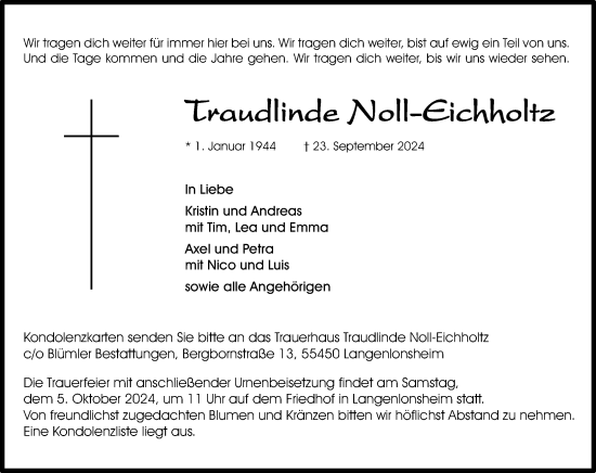 Traueranzeige von Traudlinde Noll-Eichholtz von Allgemeine Zeitung Rheinhessen-Nahe