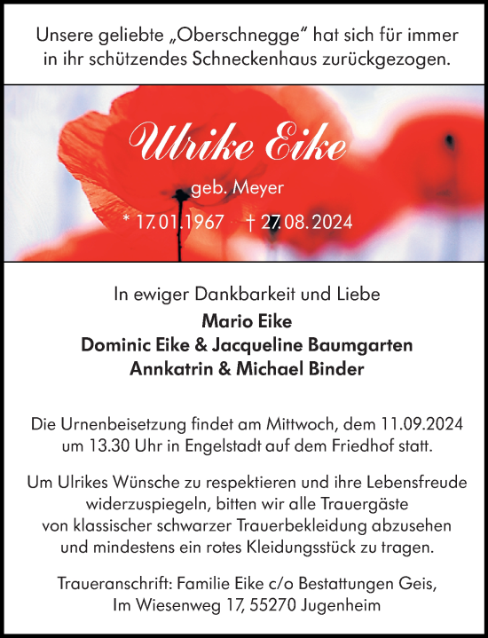 Traueranzeige von Ulrike Eike von Allgemeine Zeitung Rheinhessen-Nahe