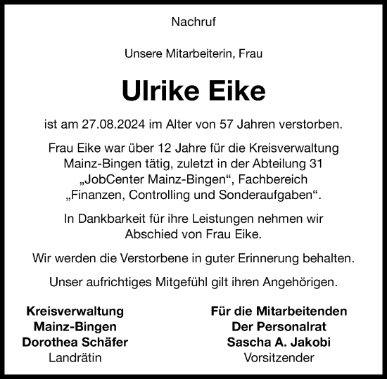 Traueranzeige von Ulrike Eike von Allgemeine Zeitung Rheinhessen-Nahe