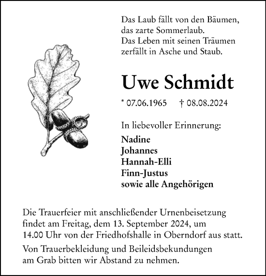 Traueranzeige von Uwe Schmidt von Dill Block