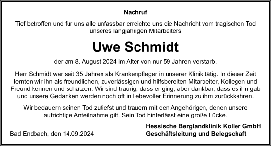 Traueranzeige von Uwe Schmidt von Dill Block