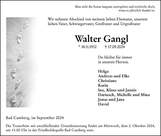 Traueranzeige von Walter Gangl von Camberger Anzeiger