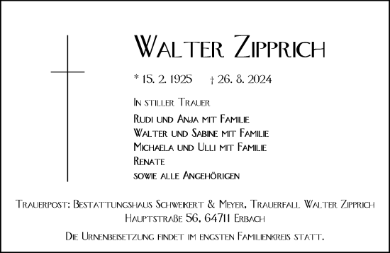 Traueranzeige von Walter Zipprich von Odenwälder Echo