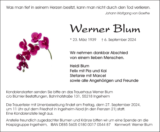 Traueranzeige von Werner Blum von Allgemeine Zeitung Rheinhessen-Nahe