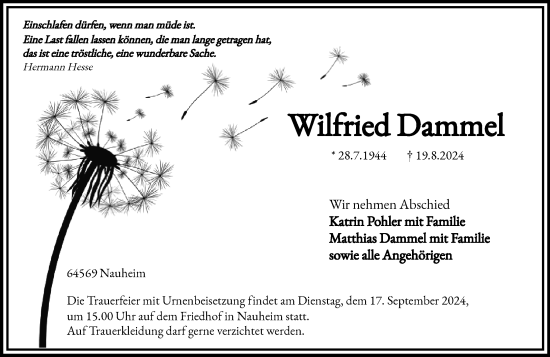 Traueranzeige von Wilfried Dammel von Groß-Gerauer Echo