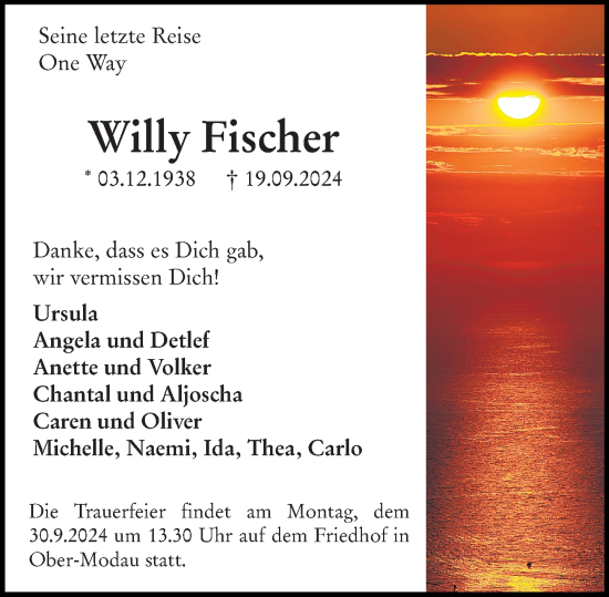 Traueranzeige von Willy Fischer von Darmstädter Echo
