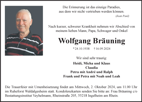Traueranzeige von Wolfgang Bräunung von Allgemeine Zeitung Rheinhessen-Nahe