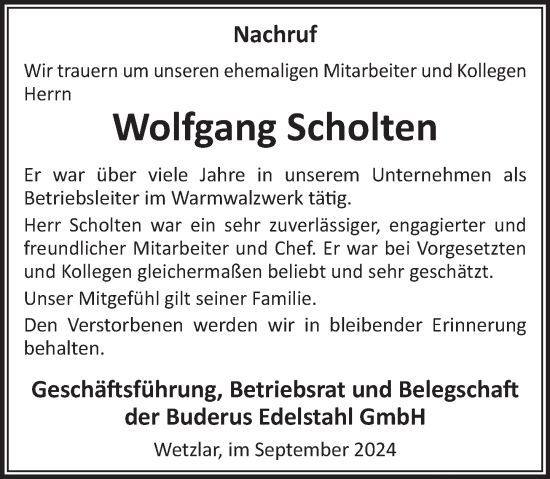 Traueranzeige von Wolfgang Scholten von Wetzlarer Neue Zeitung