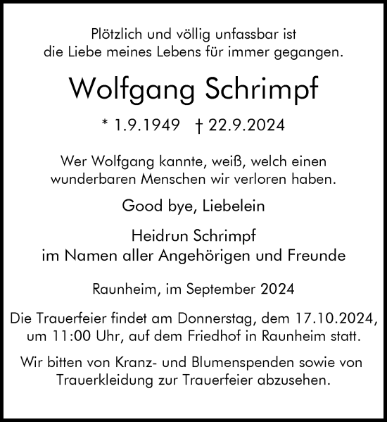 Traueranzeige von Wolfgang Schrimpf von Rüsselsheimer Echo