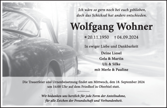 Traueranzeige von Wolfgang Wohner von Wetzlarer Neue Zeitung