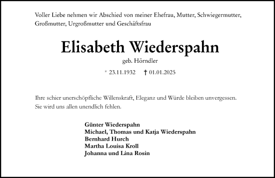 Traueranzeige von Elisabeth Wiederspahn 