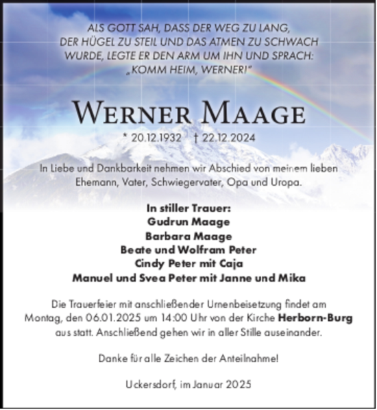 Traueranzeige von Werner Maage von Dill Block
