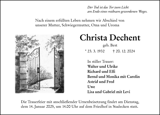 Traueranzeige von Christa Dechent von Allgemeine Zeitung Mainz