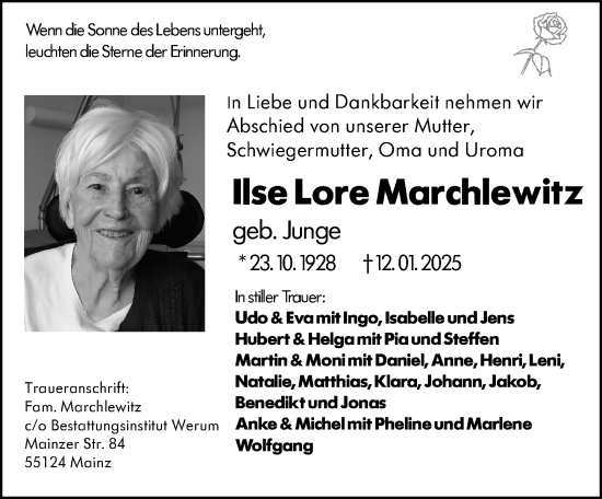 Traueranzeige von Ilse Lore Marchlewitz von Allgemeine Zeitung Mainz