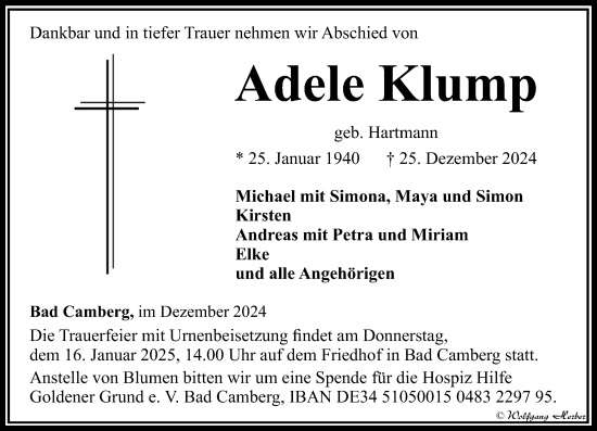 Traueranzeige von Adele Klump von Camberger Anzeiger
