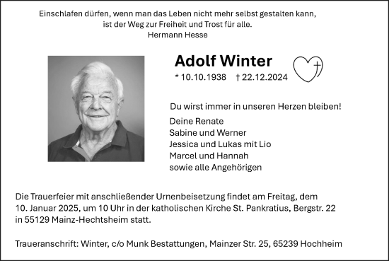 Traueranzeige von Adolf Winter von Allgemeine Zeitung Mainz