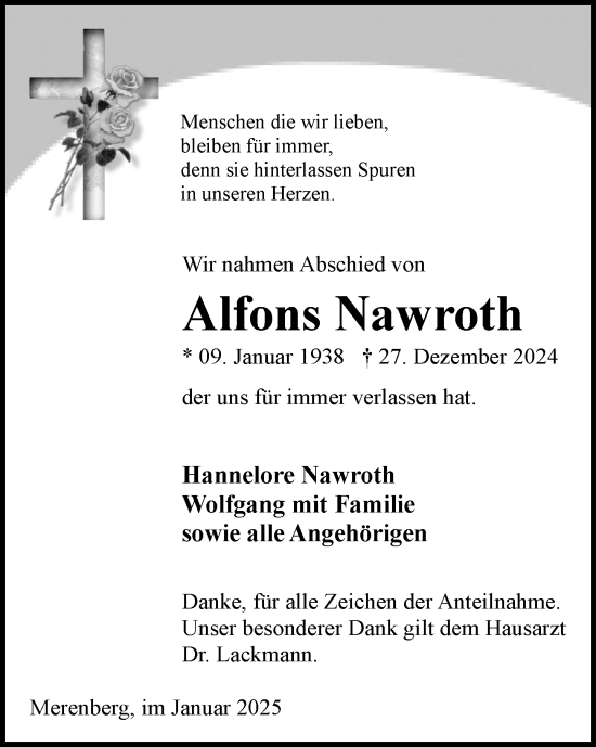 Traueranzeige von Alfons Nawroth von Weilburger Tageblatt