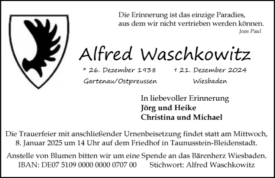 Traueranzeige von Alfred Waschkowitz von Wiesbadener Kurier