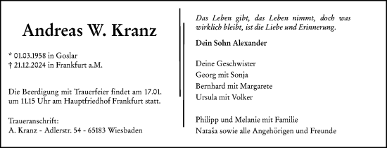Traueranzeige von Andreas W. Kranz von Allgemeine Zeitung Rheinhessen-Nahe