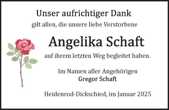 Traueranzeige von Angelika Schaft von Wiesbadener Kurier