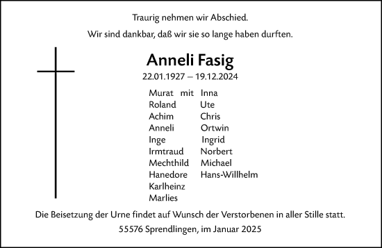 Traueranzeige von Anneli Fasig von Allgemeine Zeitung Rheinhessen-Nahe