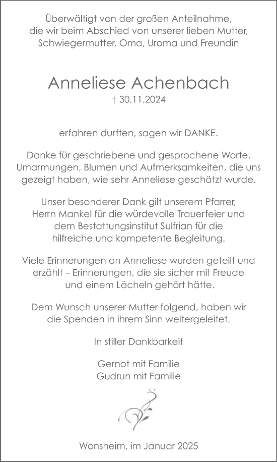 Traueranzeige von Anneliese Achenbach von Allgemeine Zeitung Alzey