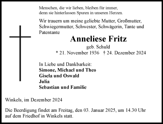 Traueranzeige von Anneliese Fritz von Weilburger Tageblatt