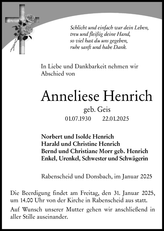 Traueranzeige von Anneliese Henrich von Dill Block