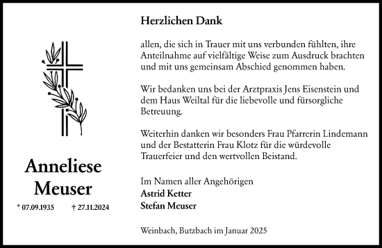 Traueranzeige von Anneliese Meuser von Weilburger Tageblatt