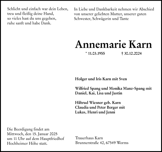 Traueranzeige von Annemarie Karn von Wormser Zeitung Traueranzeige von Annemarie Karn von Wormser Zeitung