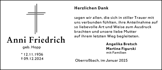 Traueranzeige von Anni Friedrich von Dill Block