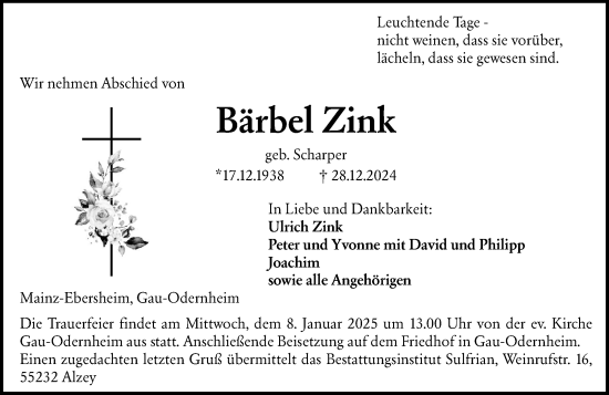 Traueranzeige von Bärbel Zink von Allgemeine Zeitung Alzey