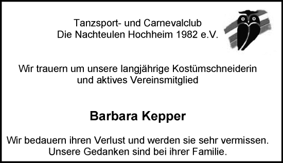 Traueranzeige von Barbara Kepper von Hochheimer Zeitung
