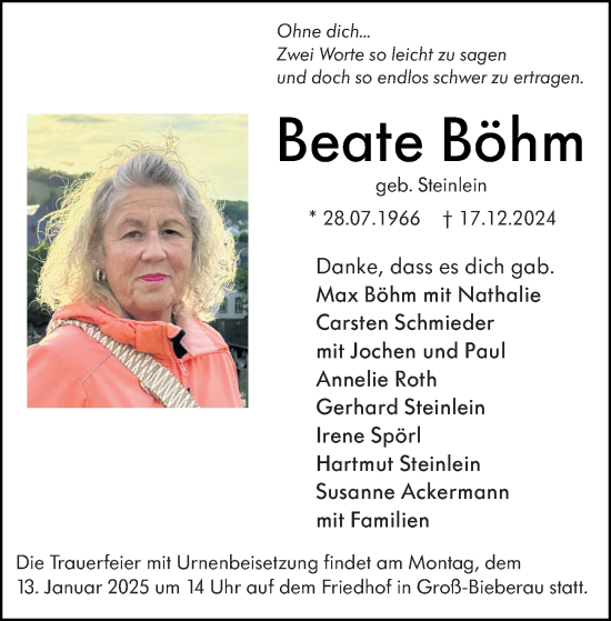 Traueranzeige von Beate Böhm von Darmstädter Echo