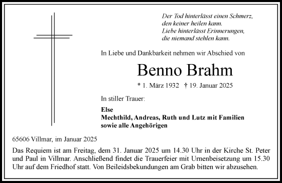 Traueranzeige von Benno Brahm von Nassauische Neue Presse