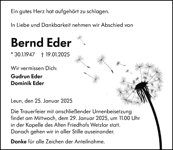 Traueranzeige von Bernd Eder von Wetzlarer Neue Zeitung