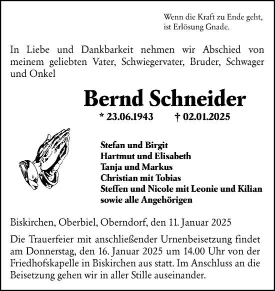 Traueranzeige von Bernd Schneider von Wetzlarer Neue Zeitung
