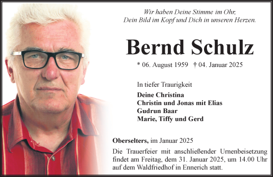 Traueranzeige von Bernd Schulz von Nassauische Neue Presse
