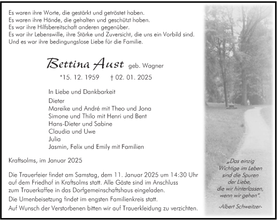 Traueranzeige von Bettina Aust von Wetzlarer Neue Zeitung