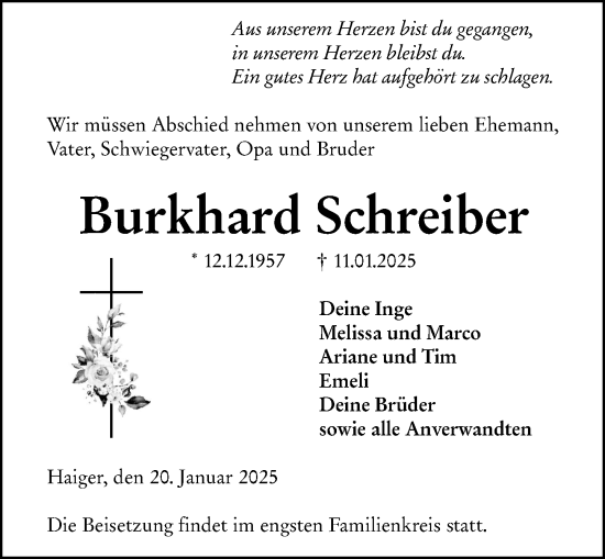 Traueranzeige von Burkhard Schreiber von Dill Block