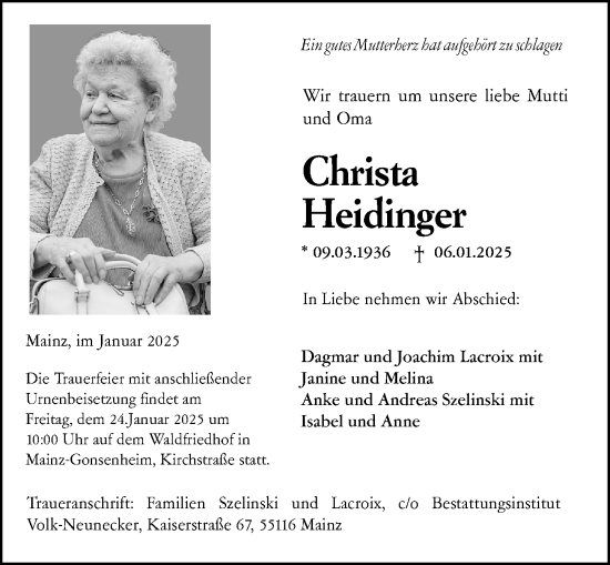 Traueranzeige von Christa Heidinger von Allgemeine Zeitung Mainz