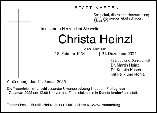Traueranzeige von Christa Heinzl von Dill Block