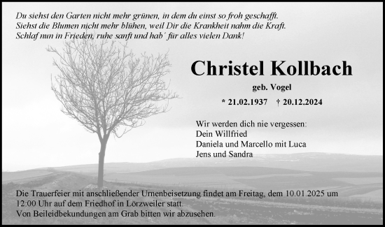 Traueranzeige von Christel Kollbach von Allgemeine Zeitung Mainz
