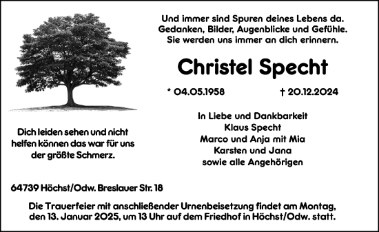 Traueranzeige von Christel Specht von Odenwälder Echo