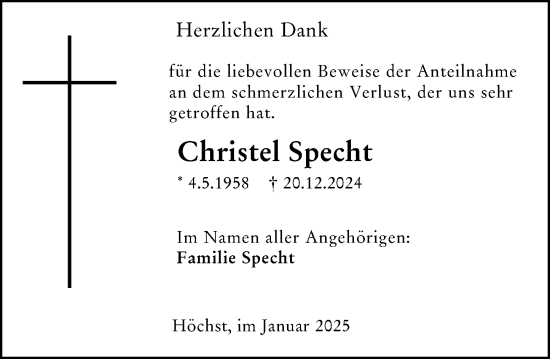 Traueranzeige von Christel Specht von Odenwälder Echo