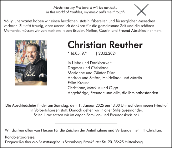 Traueranzeige von Christian Reuther von Wetzlarer Neue Zeitung